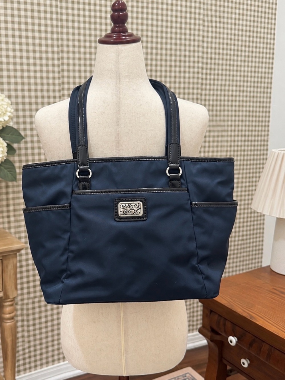 Brighton Rudy Everyday Tote Bag Navy Blue Nylon Patent Leather F288200 Authentic